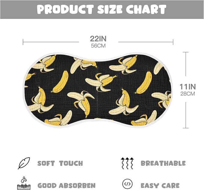 4 Pack Muslin Burp Cloths Cartoon Banana Black Print Cotton Baby Burp Cloths Absorbent Soft Burping Cloth Washcloths for Newborn Babies 22x11 Inch