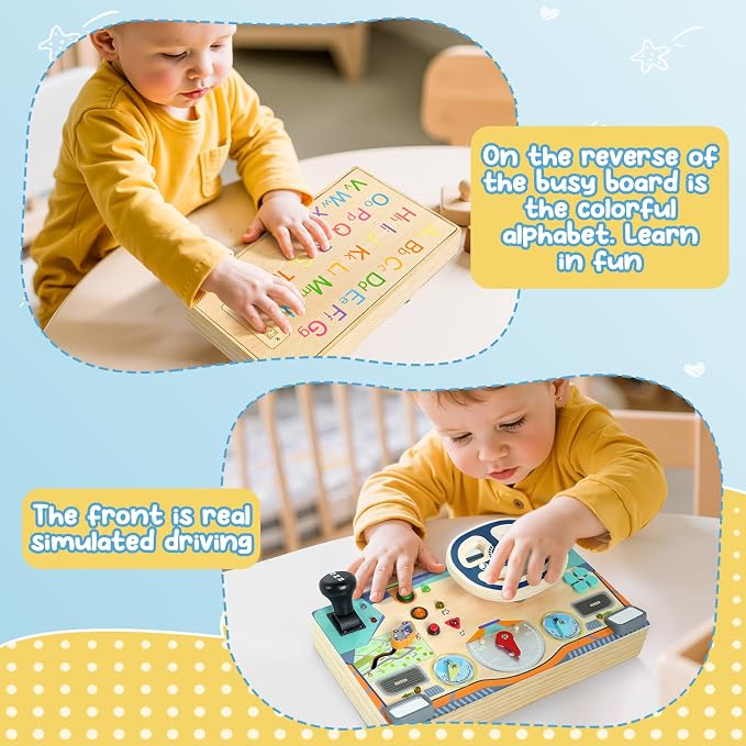 Busy Board Montessori Toys for 1 2 3 Year Old, Wooden Toddler Sensory Toy Busy Board with LED Lights Sound Switch, Toddlers Activity Travel Toy, Steering Wheel Toddler Toys Christmas Gift for Boy Girl