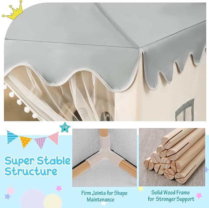 Costzon Kids Play Tent, Large Playhouse w/Washable Mat, Windows, Solid Wood Frame, Indoor Outdoor Princess Tent for Children Boys & Girls, Castle Fairy Tent, Holiday Birthday Gift (Beige)