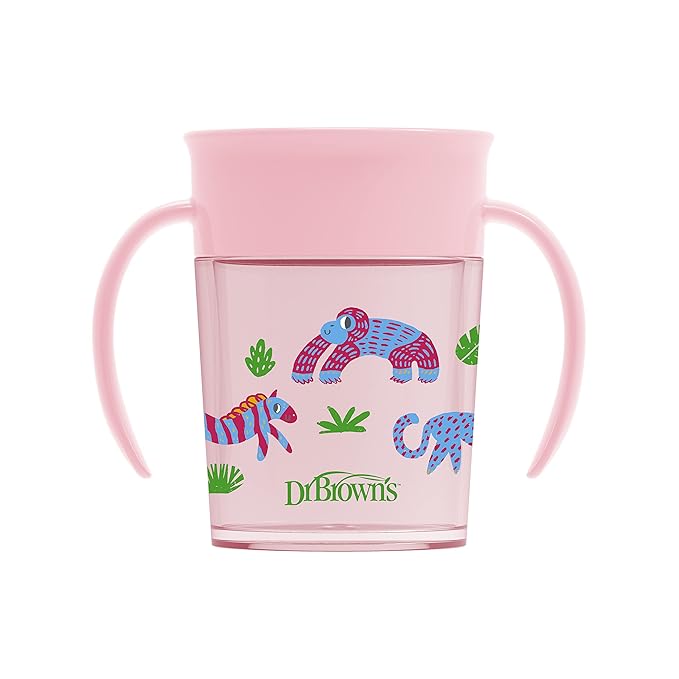 Dr. Brown's Milestones Cheers 360 Spoutless Transition Cup with Handles, Travel Friendly and Leak Free Sippy for Babies and Toddlers, Pink Animals, BPA-Free, 7 oz/200 mL, 6m+, 1-Pack