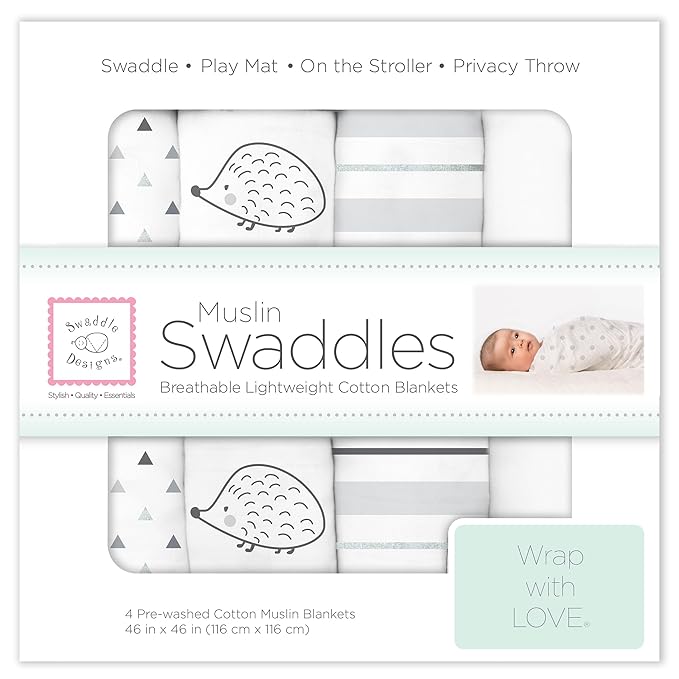 SwaddleDesigns Cotton Muslin Swaddle Blankets, Set of 4, Receiving Blankets for Baby Boys & Girls, Best Shower Gift, 46x46 inches, Black Hedgehogs