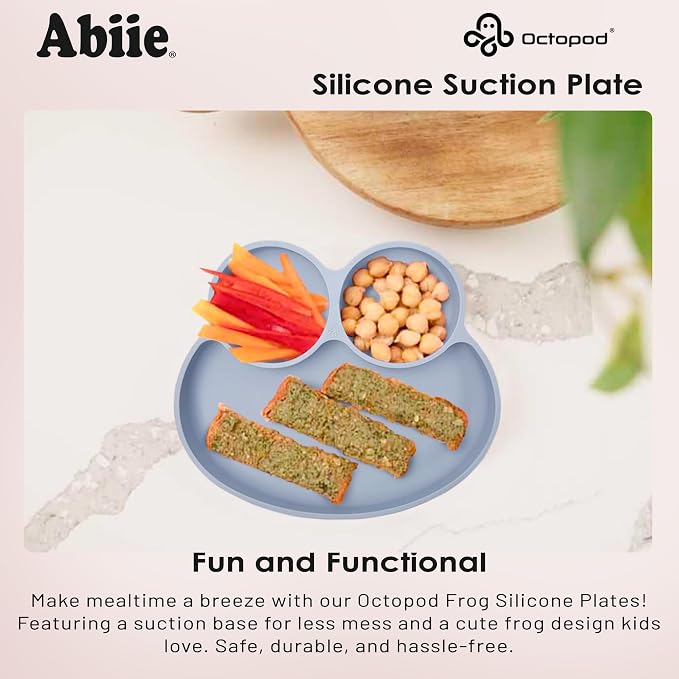 Abiie Octopod Frog Silicone Plates with Suction - Spill Proof, Easy to Clean - BPA-Free Bowl - Suction Plates for Baby and Toddler - Training & Feeding Divided Grip Dish (Gray)