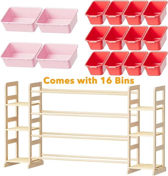 SpaceAid Toy Storage Organizer with 6 Shelves and 16 Bins, Toy Organizers Storage Bookshelf, Kids Bin Shelf Toys Box Bookcase for Bedroom Playroom Organization Room Decor, Red and Pink