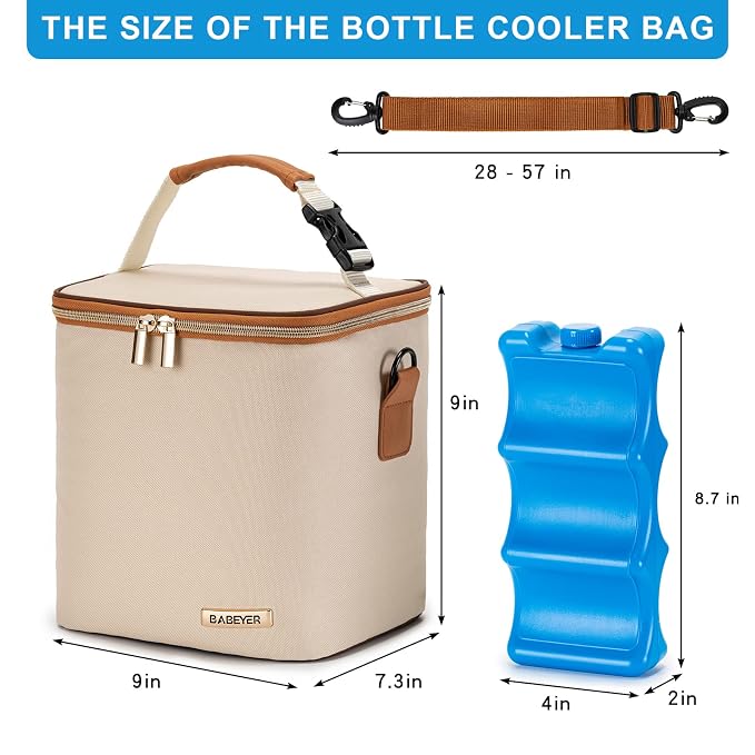 Breastmilk Cooler Bag with Ice Pack Fits 6 Baby Bottles Up to 9 Ounce, Baby Bottle Bag with Shoulder Strap for Nursing Mom Daycare, Cream