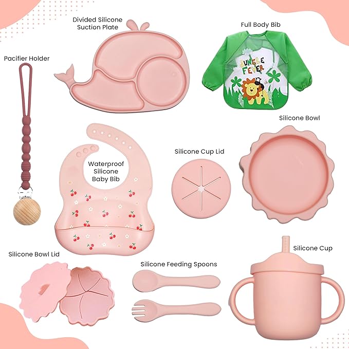 Silicone Baby Feeding Set 14 Pcs | Baby Led Weaning Supplies | Baby Spoons Suction Bowl Divided Plate Bib Cup | First Stage Solid Food Eating Utensils - 6+ Months (Pink)