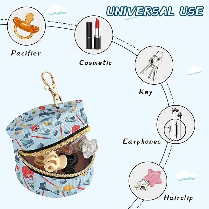 Hockey Skates Blue Print Pacifier Holder Case for Diaper Bag Portable Travel Pacifier Storage Case with Clip Newborn Baby Pouch for Outdoor Purse Baby Boys Girls