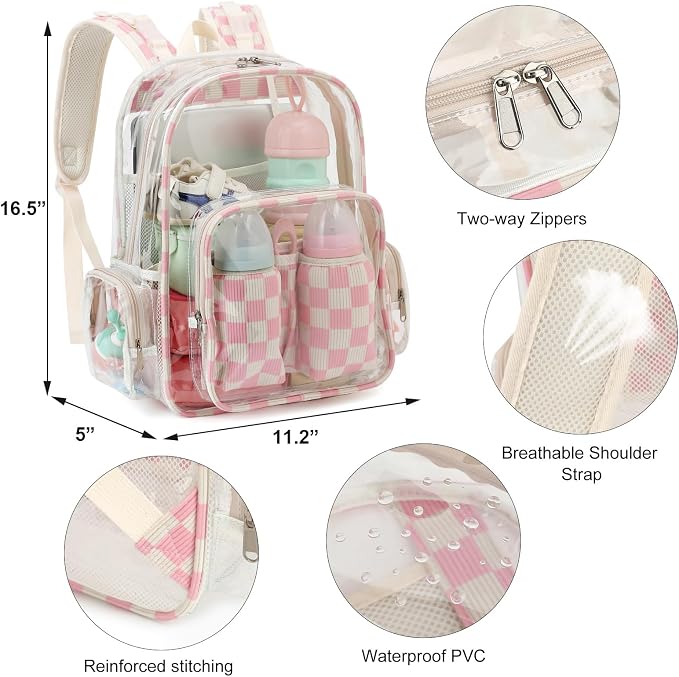 Clear Baby Diaper Bag Backpack for Mom, Large Capacity Travel Nappy Bag for Boys & Girls with Stroller Straps (Corduroy Checkered Pink)