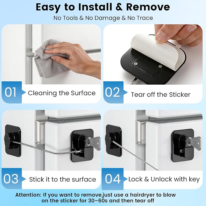 2PCS Mini Fridge Lock, Child Proof Cabinet Lock with Keys, Upgraded Refrigerator Locks Baby Proofing for Freezer, Cabinets, Drawers, Air Fryer, Closets, Windows and Doors, NO DRILLING