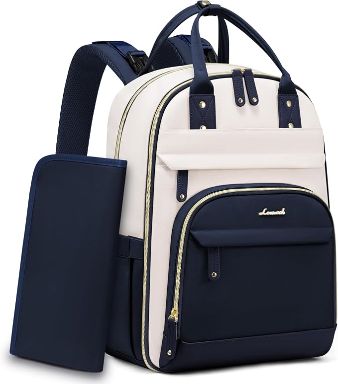 LOVEVOOK Diaper Bag Backpack, Baby Bag with Changing Pad, Large Diaper Backpack Boy Girl, Waterproof Baby Registry Bag for Mom Dad with Stroller Buckles, Dark Blue-beige