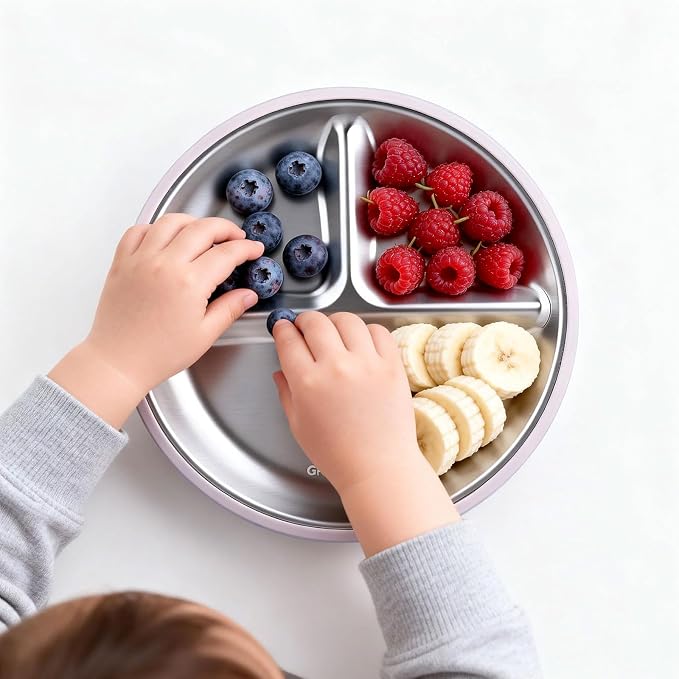 Greentainer 3 Pack Stainless Steel Baby Suction Plates, Divided Toddler Plates with Removable Silicone Sleeves, Unbreakable Kids Dishes for Dinner & Snack, Non-Toxic, Dishwasher Safe