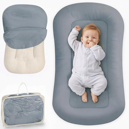 Infant Support Cushion - Baby Support Cushion for Newborn, 0-24 Months, Soft Cotton Tummy Time Mat, Supervised Use, Portable Newborn Essentials for Home and Travel, GrayishBlue (Cover Included)