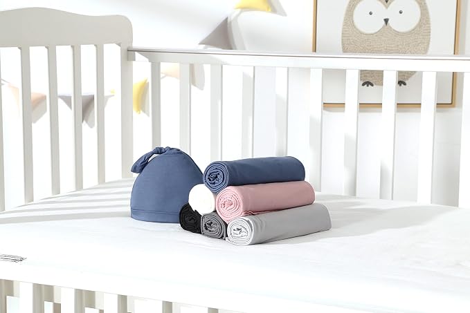 Cotton Knitted Baby Swaddle Blanket with Hat Headband Set Newborn Swaddle Wrap Receiving Blankets for Baby Girl Boy 45" x 45"(Pink)