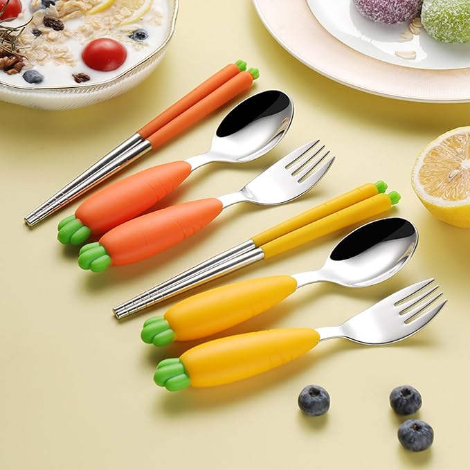 Toddler Fork and Spoon Utensil Set, 4 Pack, Carrot Set | with Case, Silicone handle, 304 Stainless Steel