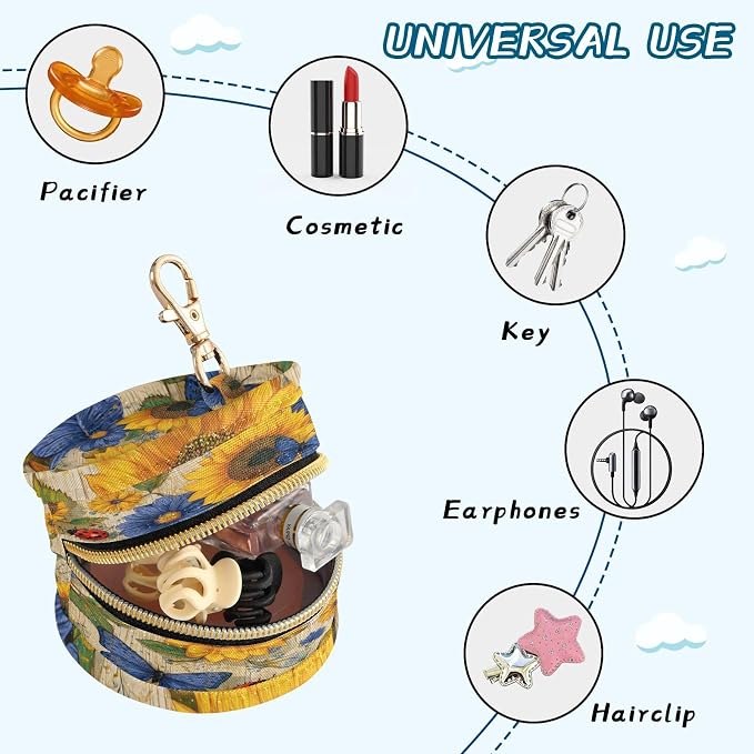 Pacifier Holder with Clip Pacifier Case for Diaper Bag Round Baby Pacifier Pouch Box Bag Portable Beige Sunflower Butterfly Ladybug