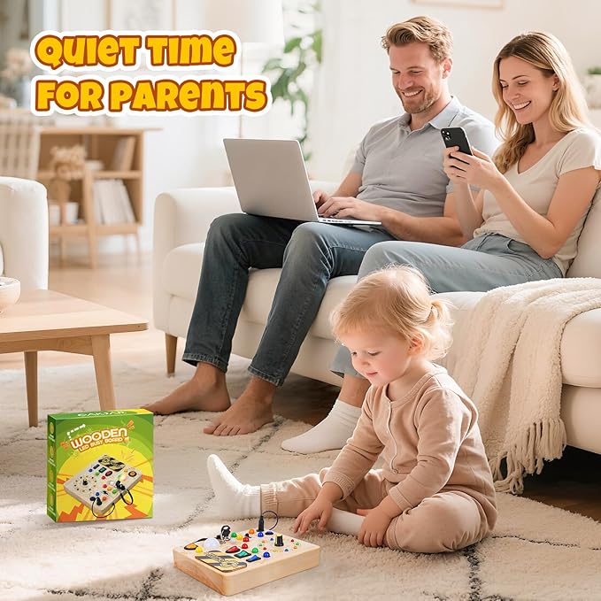 Busy Board, Montessori Toys for 1+ Year Old, Busy Board with 13 Led Light, Wooden Toddler Educational Travel Toy, 1 Year Old Boy&Girl Gifts