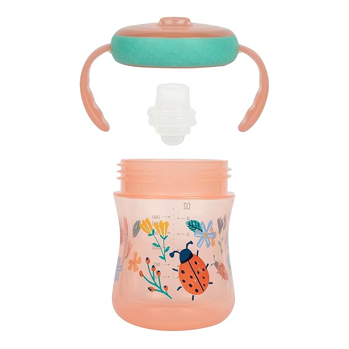 The First Years - Soft Spout Sippy Cup - Toddler Trainer Cup for 6+ Months -With Handles and Leak Proof Lid - 7 Oz - Floral Ladybug Print - 2 Count