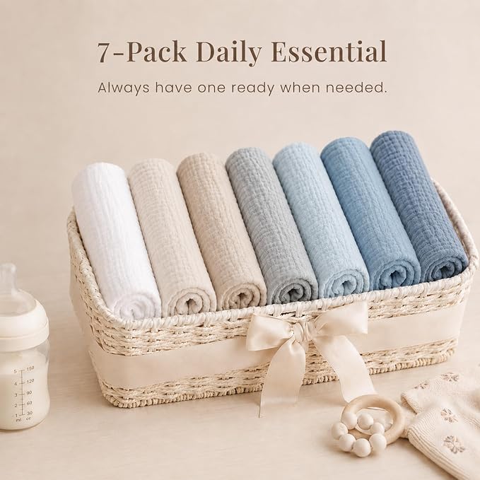 Konssy Muslin Baby Burp Cloths Sets for Unisex- 7 Pack Soft 100% Cotton Burping Clothes for Newborn，Baby Girls and Boys