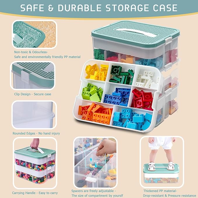 Plastic Storage Organizer for Lego Box Kids Child Toy Stackable Containers with Lids Bins 3 Layers Adjustable Compartments Building Blocks Chest Case