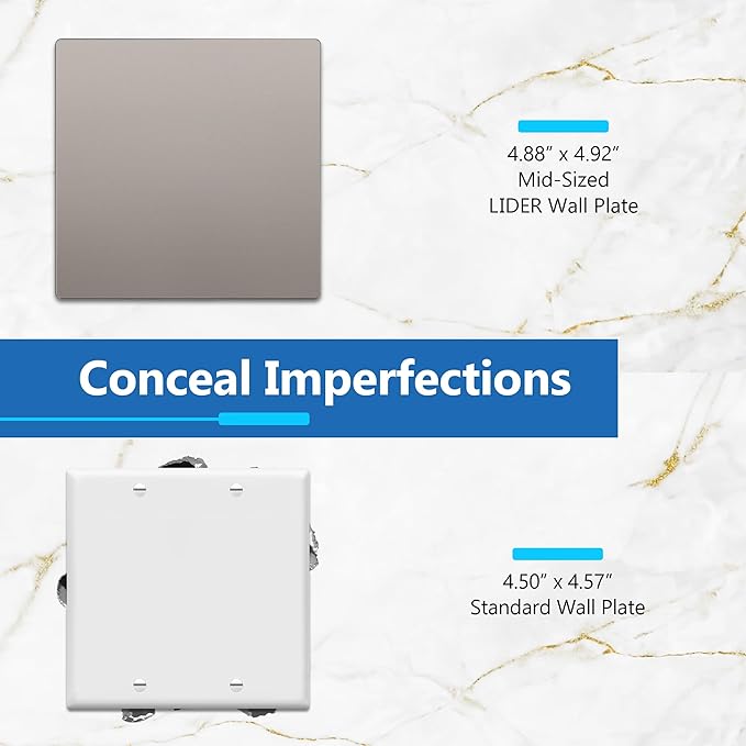 LIDER Double Blank Wall Plate, Temperature and Impact Resistant, UL Listed, Polycarbonate Thermoplastic, Screwless Design, Matte Finish, Modern Upgrade, Midsize, 2-Gang, 4.88??x 4.92?? Nickel, 10 Pack