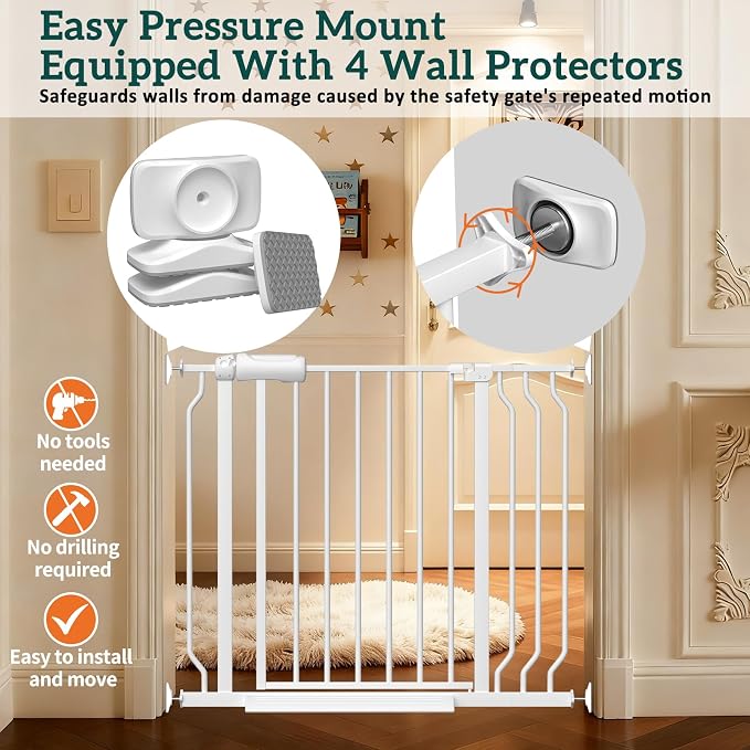 Extra Wide Baby Gates for Doorways 62.20"-71.65" Extra Wide Baby Gate Dog gate Pressure Mounted No Drilling with Walk-Through, Auto-Close & Dual-Direction Swing for Large Wide Opening White