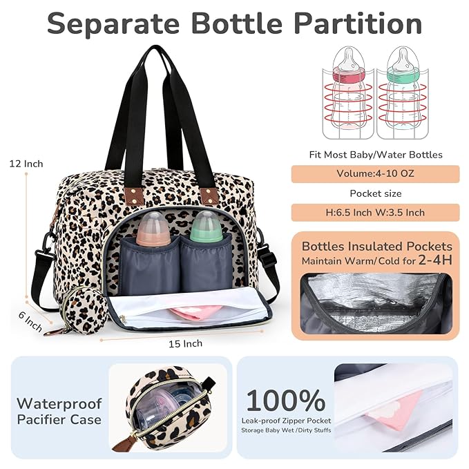 Tenot Diaper Bag Tote with Pacifier Case, Baby Bag for Women with Shoulder Straps, Travel Diaper Tote for for Mom and Dad Medium Size, Leopard Print