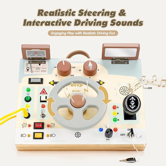 Joyreal Toddler Busy Board with LED Lights, Steering Wheel, Sounds, Montessori Toys for 1+ Year Old, Fidget Board Sensory Travel Toy, Gifts for Boys and Girls