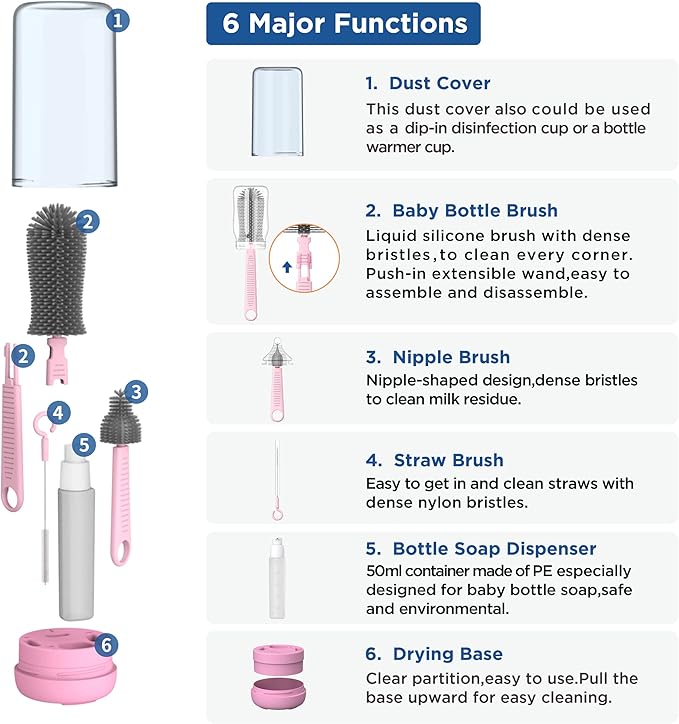 YOTIME Baby Bottle Brush, Travel Bottle Cleaner Kit with Extendable Silicone Bottle Brush, Nipple Cleaner Brush, Straw Brush, Soap Dispenser, Dust Cap and Stand, Pink