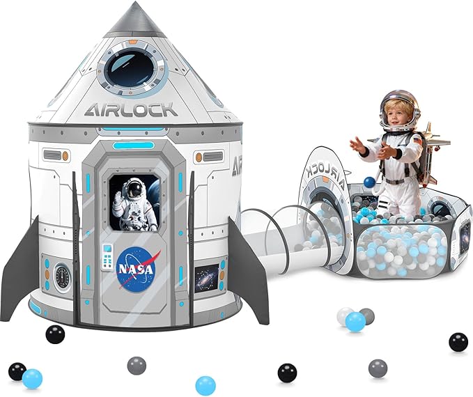 3Pcs Kids Rocket Play Tent for Boys: Pop Up Toddlers Spaceship Playhouse with Baby Crawl Tunnel, Ball Pit and Castle Tent - Children Game Tent Toys Indoor and Outdoor for Birthday