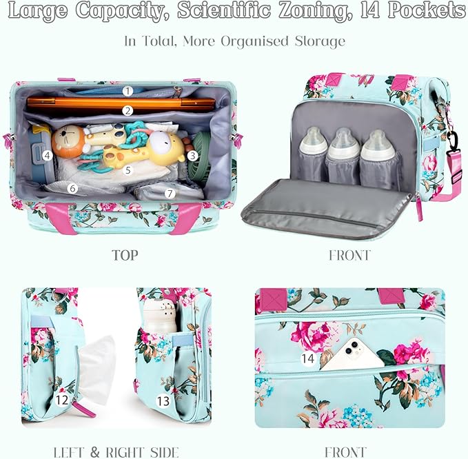 Pripher Diaper Bag Backpack Mommy Bag Large Capacity Diaper Backpack Travel Essential Baby Diaper Bag for Mom and Dad, Blue Floral