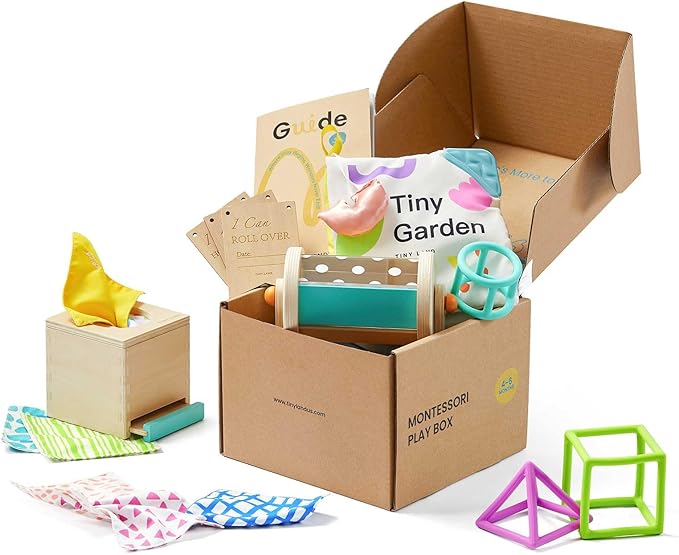 Tiny Land Montessori Baby Toy Set 4-6 Months – Early Learning Motor Skills Development Kit with 4-in-1 Soft Cloth Book, Spinning Rainbow Toy, Silicone Blocks and Baby Tissue Box