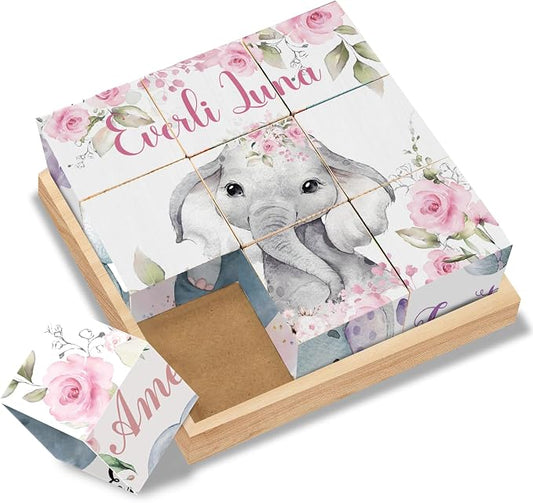 Custom Name Wooden Cube Puzzles for Toddlers 2-4 Years, 9 PCS Puzzle with Storage Tray, Personalized 6 Puzzles in 1 Elephants Puzzles for Preschool Kids