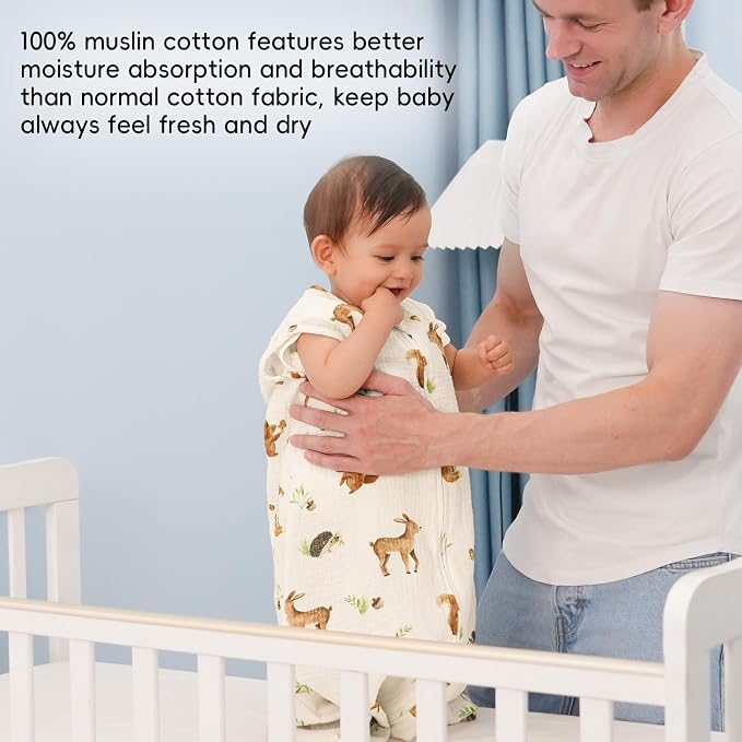 david's kids Muslin Cotton Baby Sleep Sack 6-12 Months, 2 Pack 100% Cotton Sleeping Bag for Summer, TOG 0.5 Baby Wearable Blankets with 2-Way Zipper, Soft Sleep Sacks for Newborn Infant, Animal