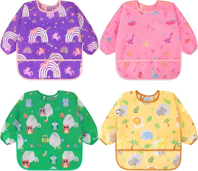 Accmor 4 Pack Long Sleeve Bibs, Baby Smock Waterproof Sleeved Bib Smock for Baby Toddler 6-36 Months