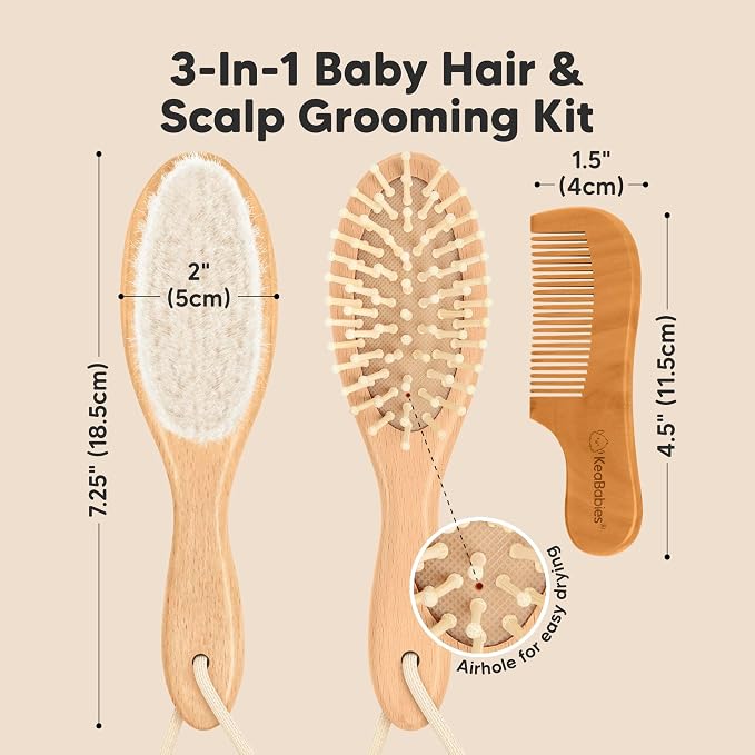 KeaBabies Baby Towel with Hood for Girls, Boys and Baby Hair Brush and Comb Set - Soft, Absorbent, 100% Cotton Hooded Towels for Newborns, Wooden Kids Brush with Soft Goat Bristle