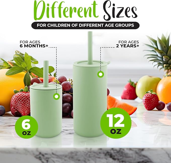 Silicone Kids Smoothie Cups with Straws and Lids, (2 Pack), Non Plastic, BPA-Free, Unbreakable, Smell Proof, for Kids and Toddlers 3-5 years, 12oz Sage Green, Stone Grey