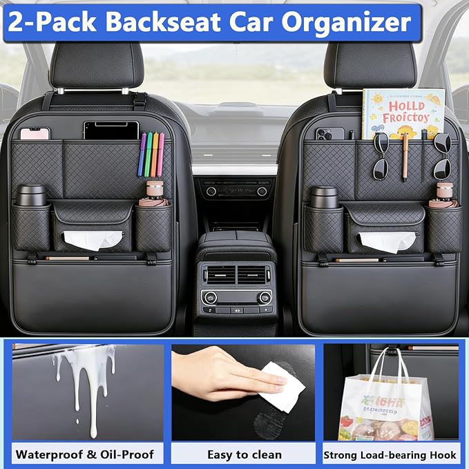 2-Pack Backseat Car Organizers with Hooks - Hanging Car Seat Back Organizers for Toys, Tablets, Books & Tissues - Hanging Car Back of Seat Storage Bags for Kids Toddlers, Black Leather Car Kick Mats