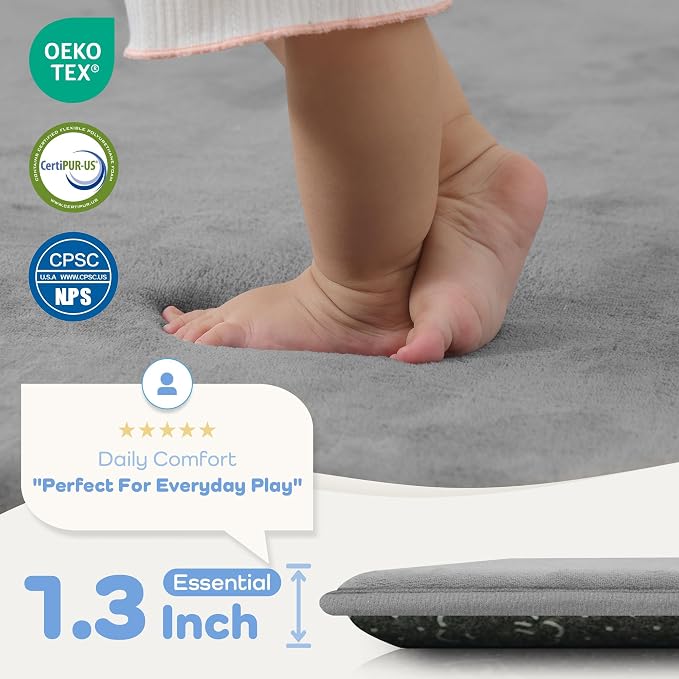 1.3" Thick Baby Bedside Floor Mat for Bedroom, Basic Padded Foam Soft Plush 28x72 Runner Rug with Non Slip Cushioned for Nursery Playroom (Light Grey)