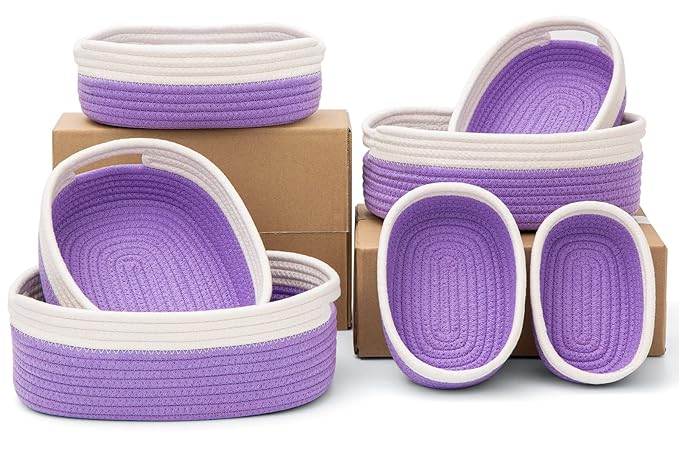 7 Piece Cotton Rope Woven Basket Set - Small Basket for Baby Nursery, Pets, Montessori, Dog & Cat Toy Boxes, Bathroom Organization Bins (White/Purple)