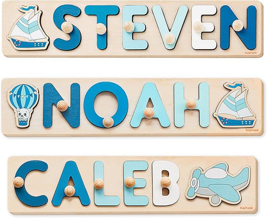 Personalized Name Puzzle Montessori Toys Nursery Decor Customized Puzzle Educational Toy for a 1 Year Old Gifts Kids Name Sign for Nursery Easter Present for Baby (Baby Blue)