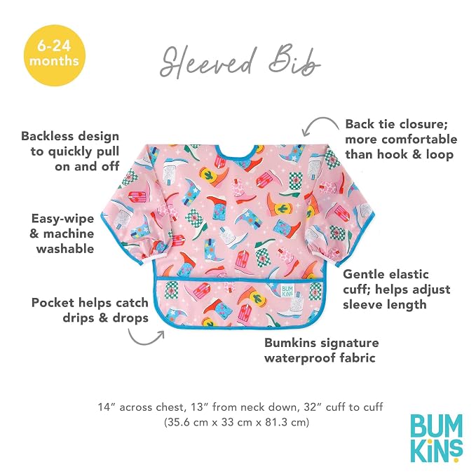 Bumkins Sleeved Baby Bib – Long Sleeve Waterproof Fabric Feeding Smock with Crumb Catcher Pocket, Adjustable Toddler Apron for Baby Led Weaning, Comfortable for Ages 6–24 Months, Cowgirl Boots 2-pack