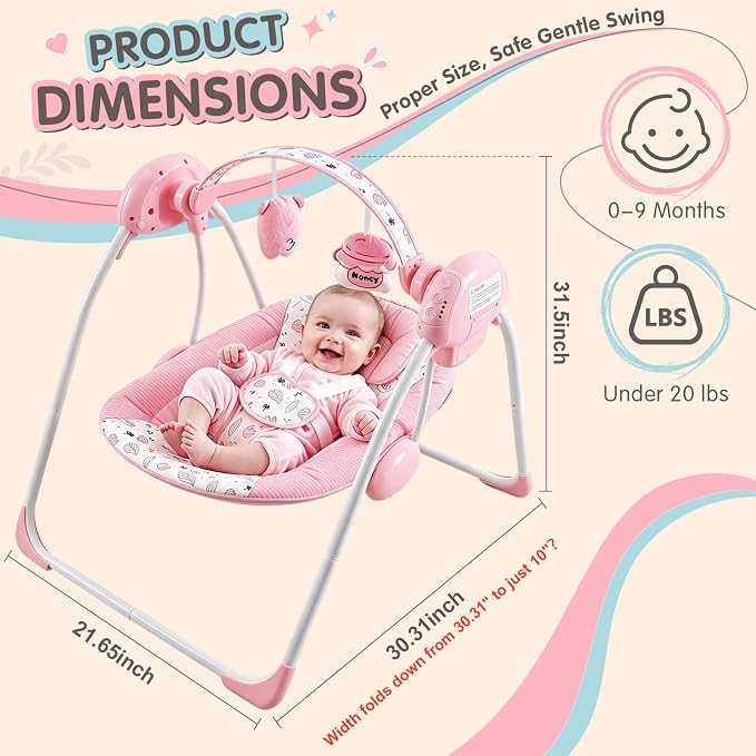Baby Swing for Infants, Compact Foldable with 5 Speeds, Music & Soothing Vibration, Cute Floral Pattern Soft Cushion Seat,Timer & Removable Bar, Indoor Use, 0-9 Months (6-20 lbs) Pink
