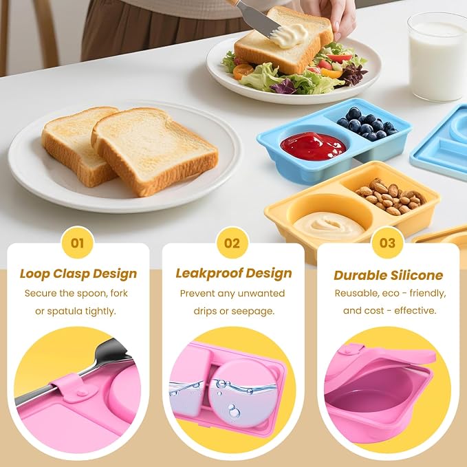 Reusable Snack Containers with Lids Silicone, 2 Pack Double Compartment Snackle Box Container for Lunches Picnics Parties, BPA-Free, Microwave Safe（Pink）