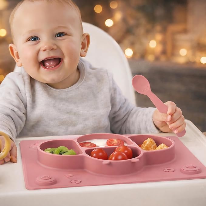 ROCCED Suction Plates for Baby Placemat Spoon Fork Set for Toddlers, Silicone Baby Plates with Suction Baby Dishes for Kids Plates-pale mauve