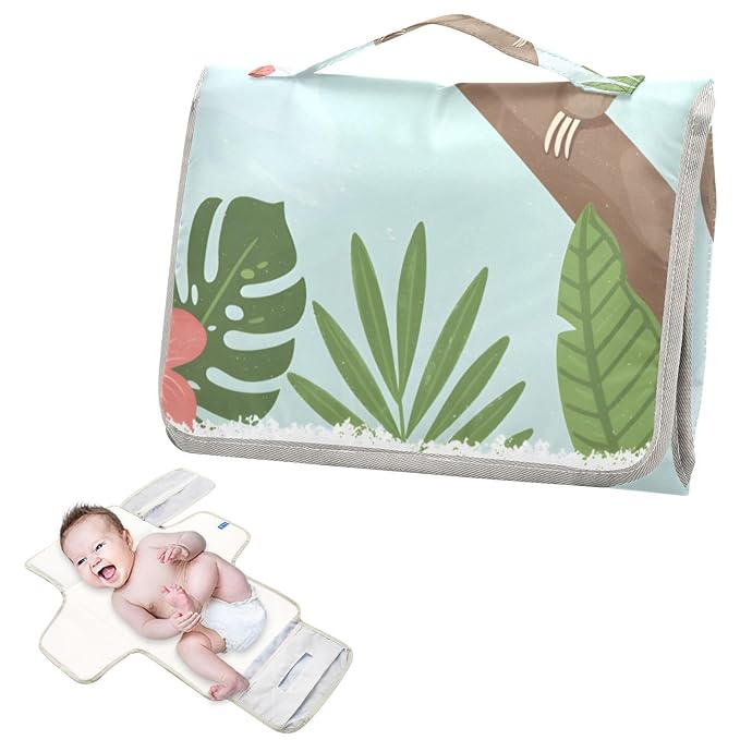 Baby Portable Diaper Changing Pad Waterproof Lovely Sloth Jungle Animal Diaper Changing Mat with Wipes Pocket Foldable Travel Changing Pad Bag