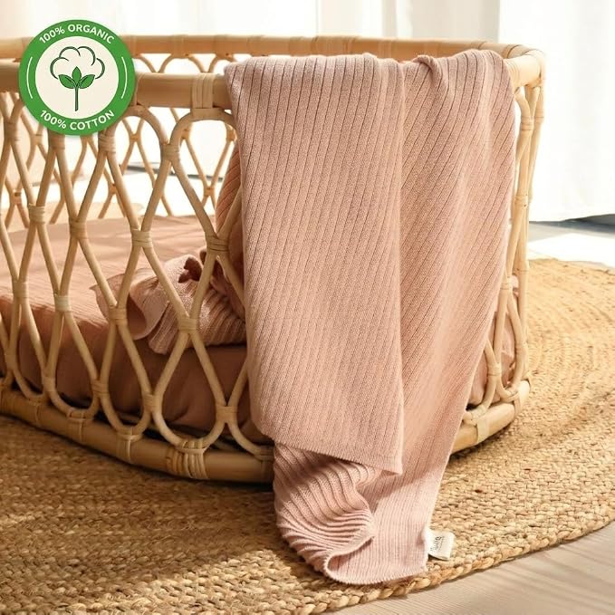 100% Organic Cotton Knit Receiving Baby Girl Blanket for Newborns - Soft, Breathable Swaddle Blanket for Crib & Stroller - Nursery Gift 2-Pack (Fog and Blush)