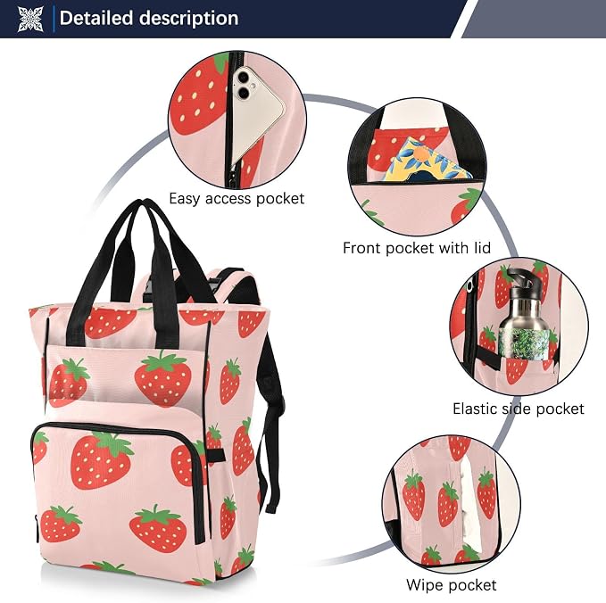 Custom Name Strawberry Simple Pink Diaper Bag for Mom Dad Gift
