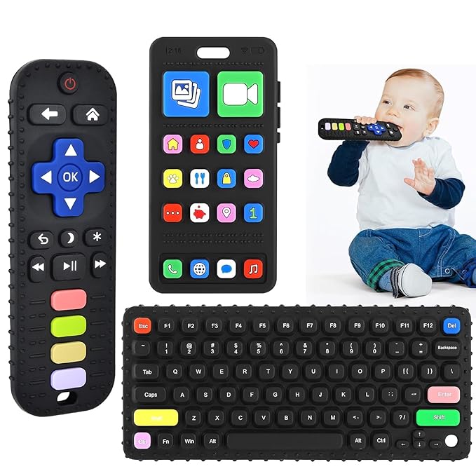 Teether Toys, Teething Relief Teethers Toys for Babies 3-6 12 Months, Play Phone Remote Control Keyboard Toy for Newborn Infant Boy Girl Autism Essentials, Food Grade Silicone Sensory Toy