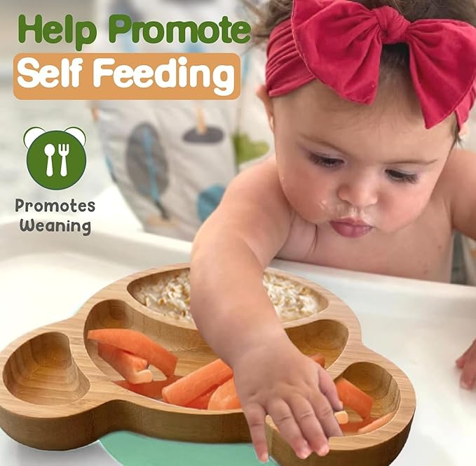 Bamboo Plates for Kids - Baby & Toddler Plates with Suction for Feeding & Weaning, Eco-Friendly Bear Design Promotes Self-Feeding, Ideal for Busy Moms & Dads, Sturdy & BPA-Free (Mint)