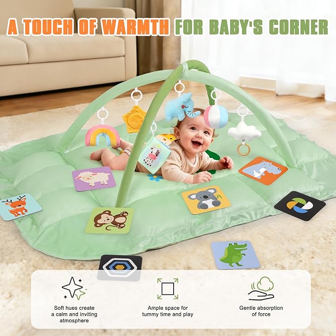 5-in-1 Tummy Time Mat Baby Activity Gym with Cartoon Pattern, Extra Thick Plush Play Floor Mat