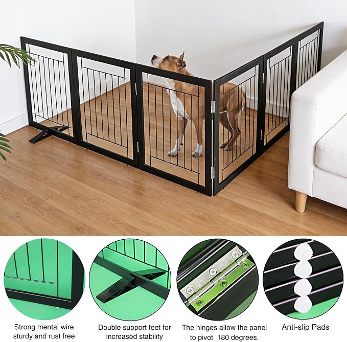 Dog Fence Indoor - 6-Panel Freestanding Dog Gate for Doorways, Hallways, House or Stairs -120x24-Inch Retractable Foldable Expandable Wood Pet by SFJC (Black)